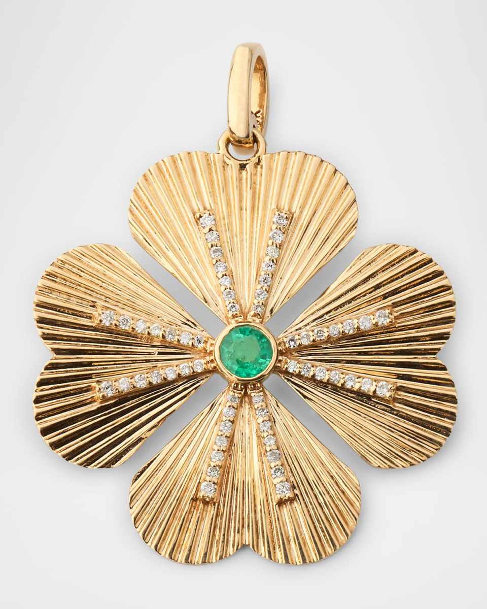 14K Yellow Gold Diamond and Emerald Clover Charm
